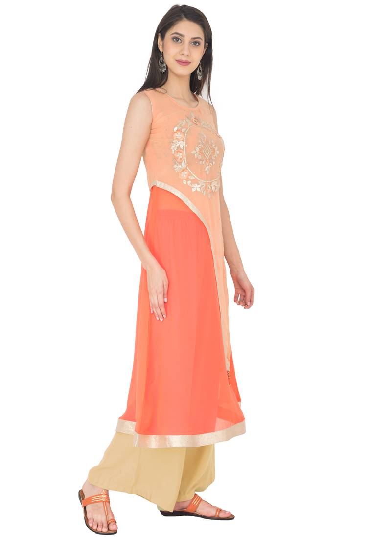 Multicolor Georgette Gota Embroidery Long Straight kurti