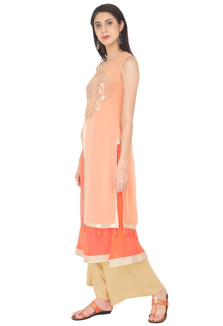 Multicolor Georgette Gota Embroidery Long Straight kurti