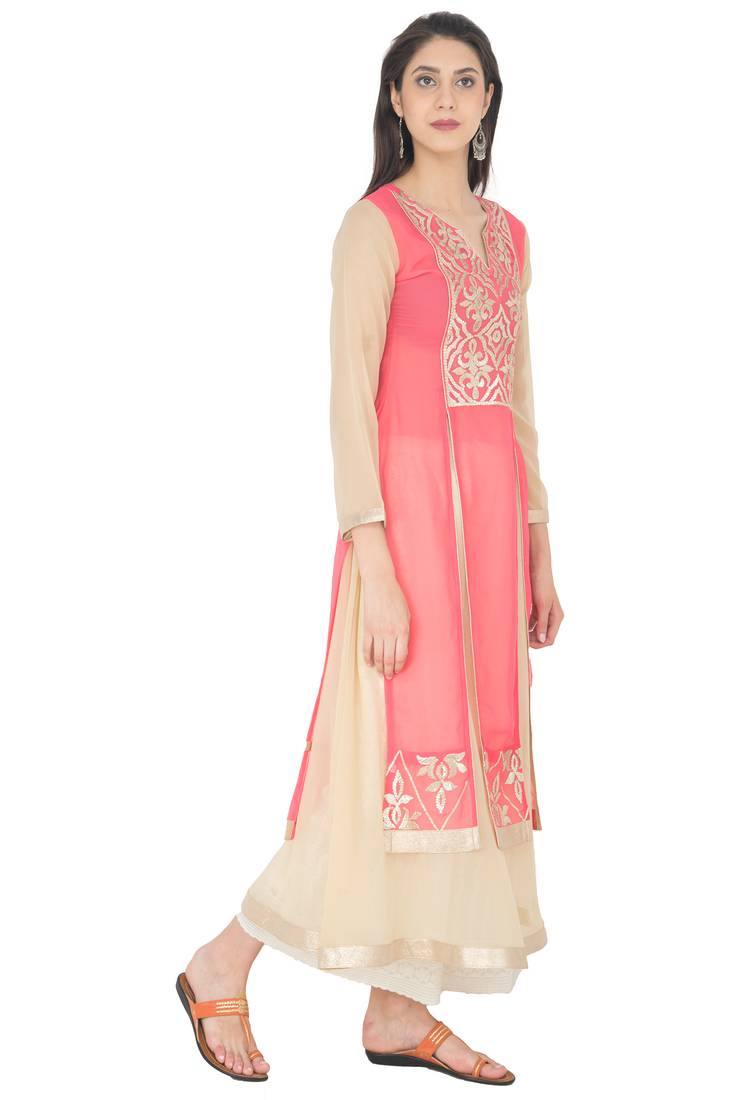 Multicolor Georgette Gota Embroidery Long Straight kurti