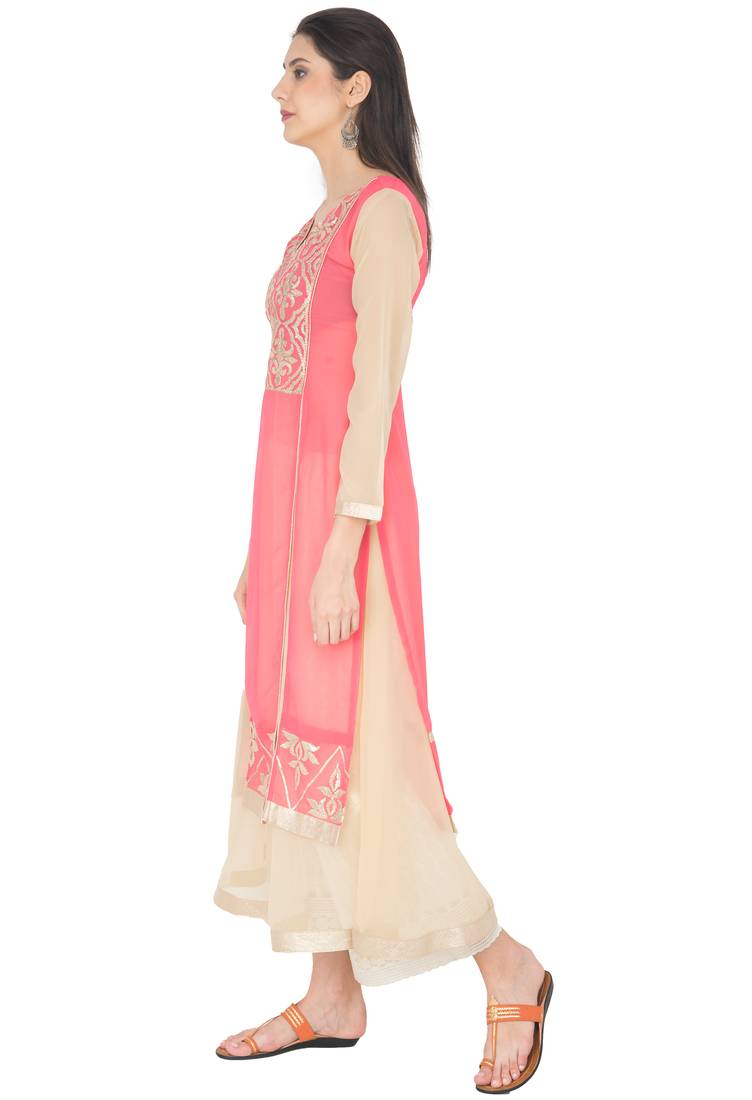 Multicolor Georgette Gota Embroidery Long Straight kurti