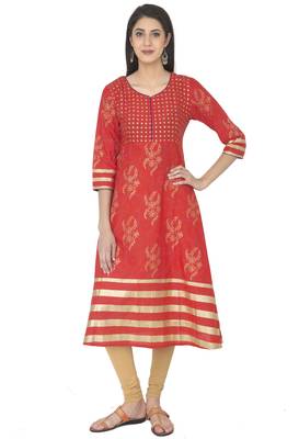 Red Cotton Block Prints Long Anarkali kurti 1