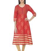 Red Cotton Block Prints Long Anarkali kurti
