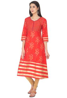 Red Cotton Block Prints Long Anarkali kurti 2