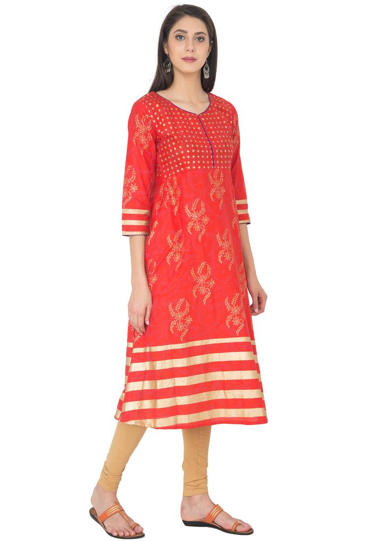 Red Cotton Block Prints Long Anarkali kurti