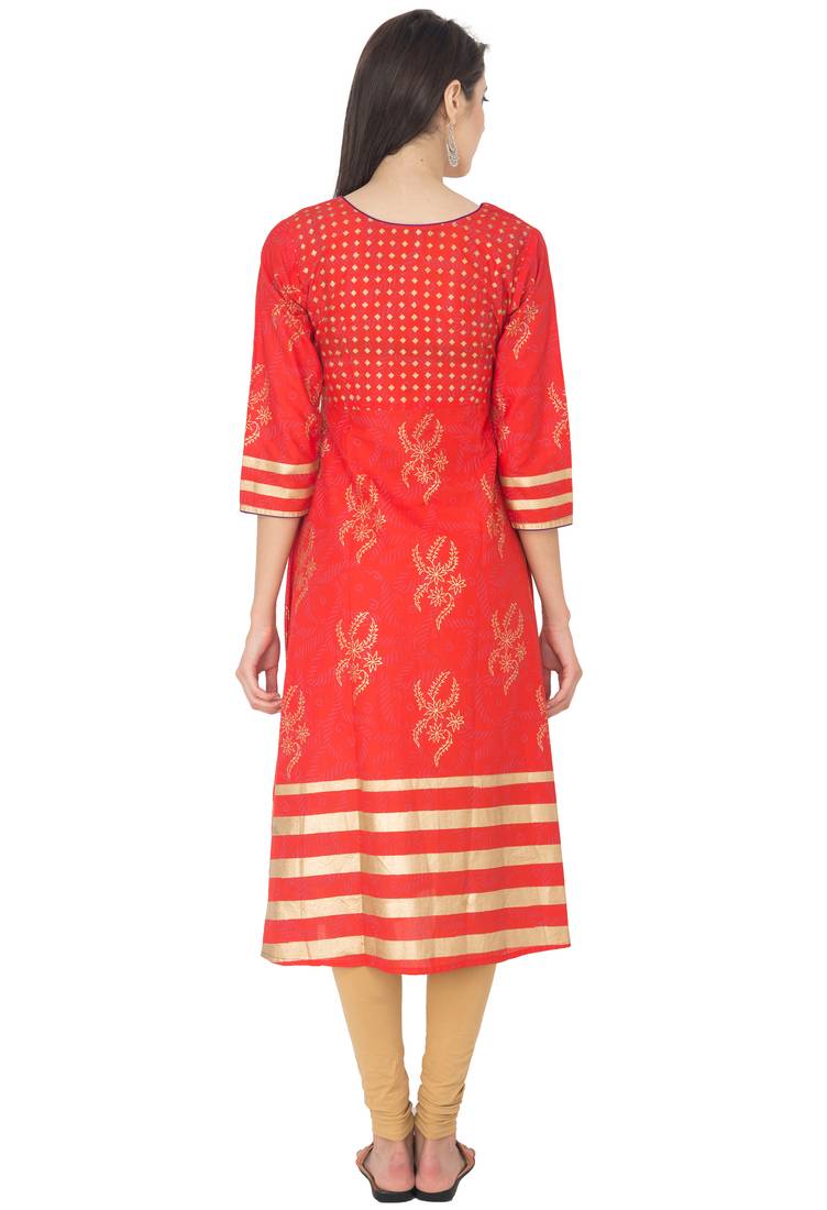 Red Cotton Block Prints Long Anarkali kurti