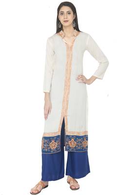 Off-White Georgette Embroidery Long Straight Kurti 1