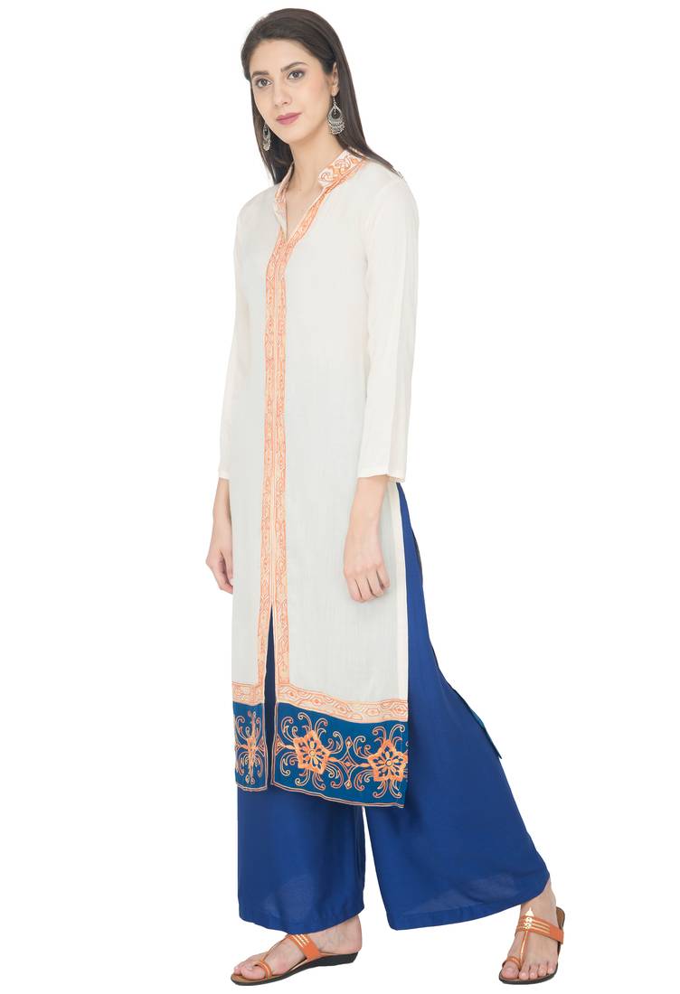 Off-White Georgette Embroidery Long Straight Kurti