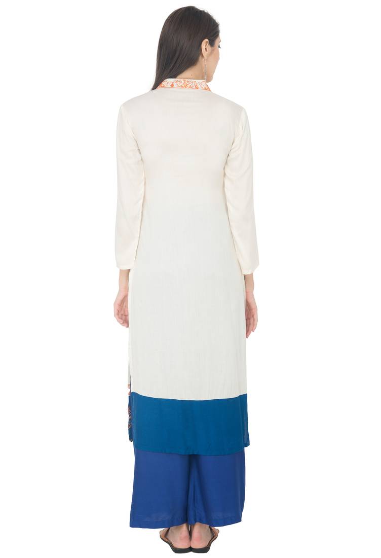 Off-White Georgette Embroidery Long Straight Kurti