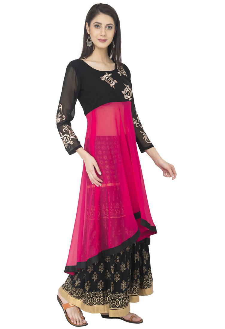 Black & Pink Georgette Embroidery Long Anarkali kurti