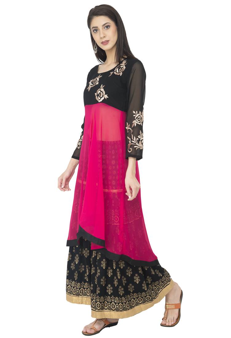 Black & Pink Georgette Embroidery Long Anarkali kurti