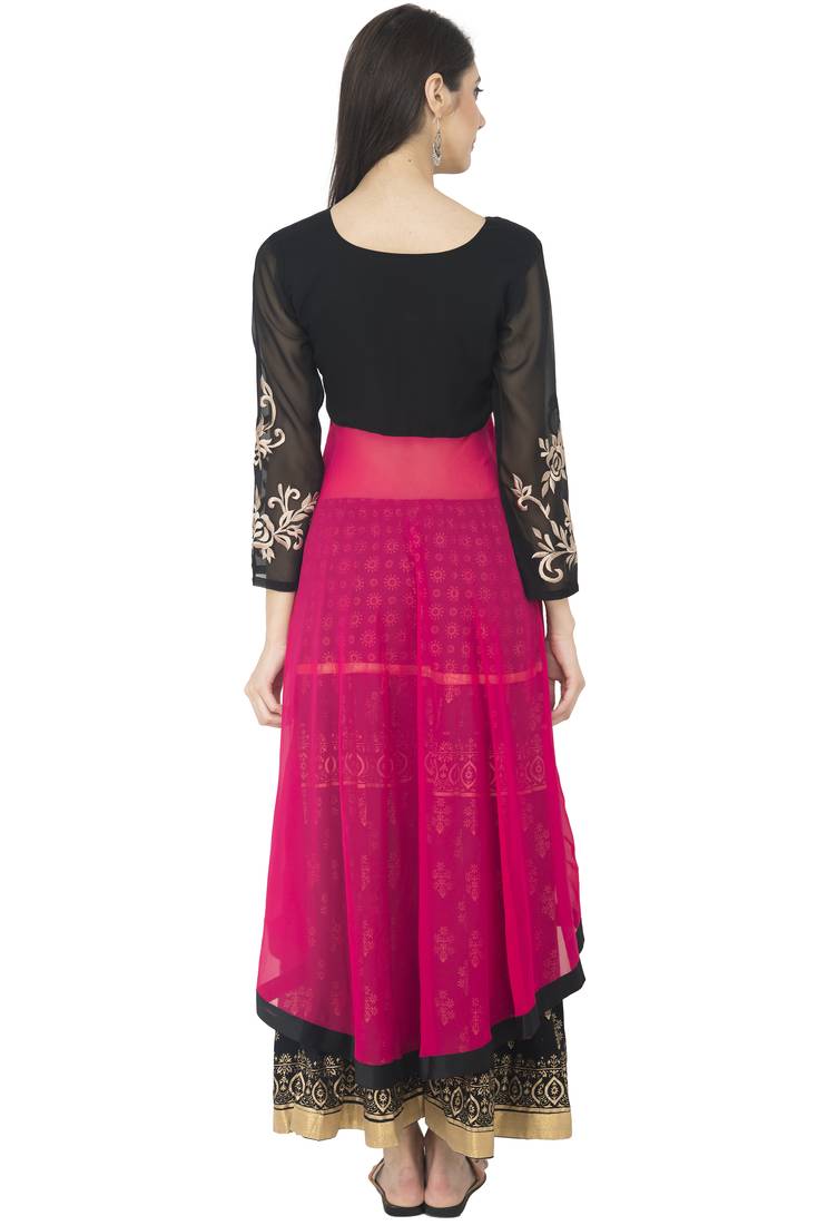 Black & Pink Georgette Embroidery Long Anarkali kurti