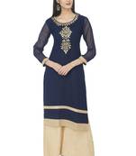 Navy Blue Georgette Aari Embroidery Long Straight kurti