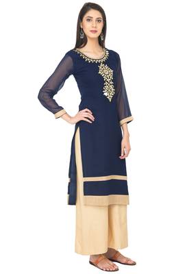 Navy Blue Georgette Aari Embroidery Long Straight kurti 2