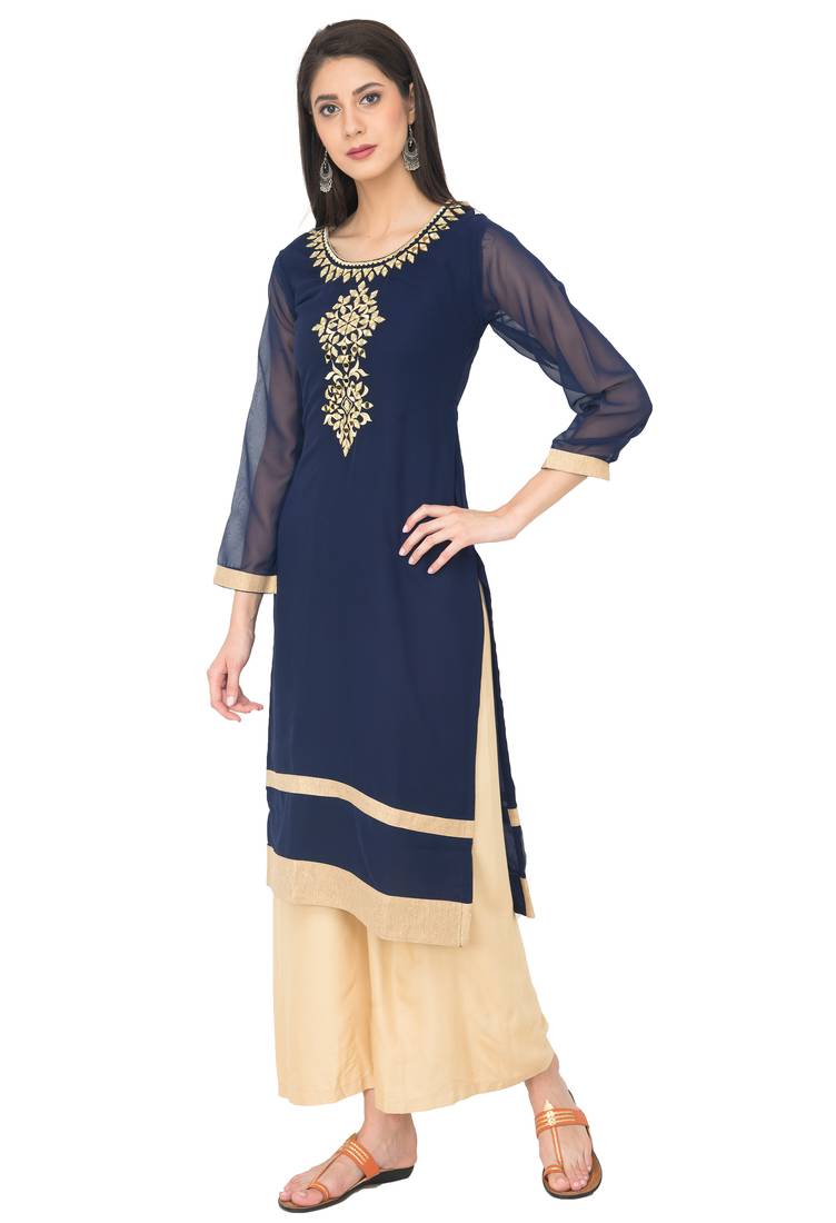 Navy Blue Georgette Aari Embroidery Long Straight kurti