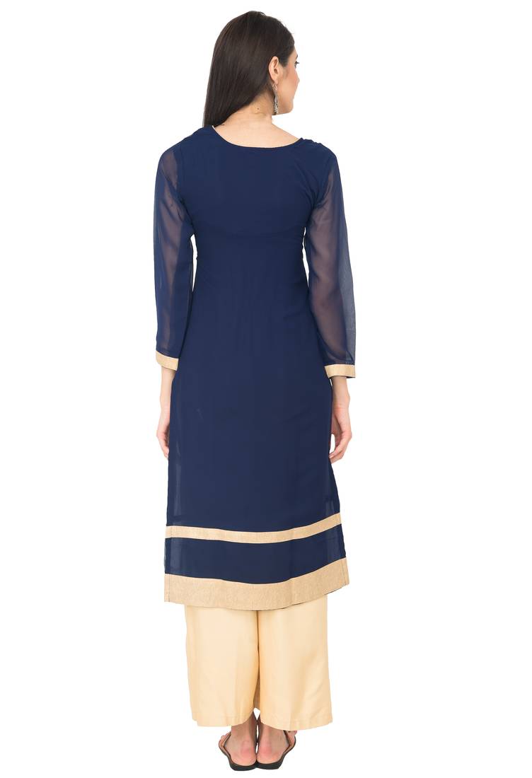 Navy Blue Georgette Aari Embroidery Long Straight kurti