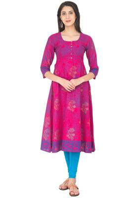 Pink Cotton Screen Prints Long Anarkali kurti 1