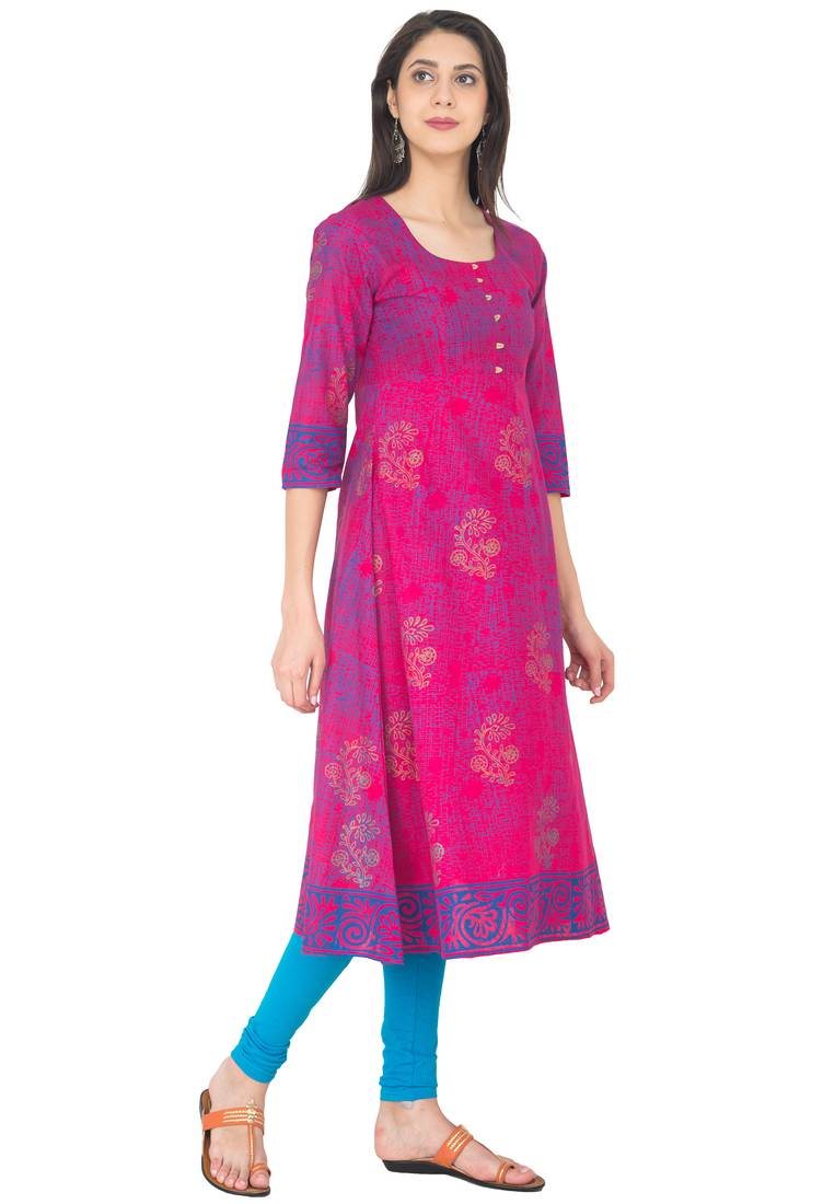 Pink Cotton Screen Prints Long Anarkali kurti