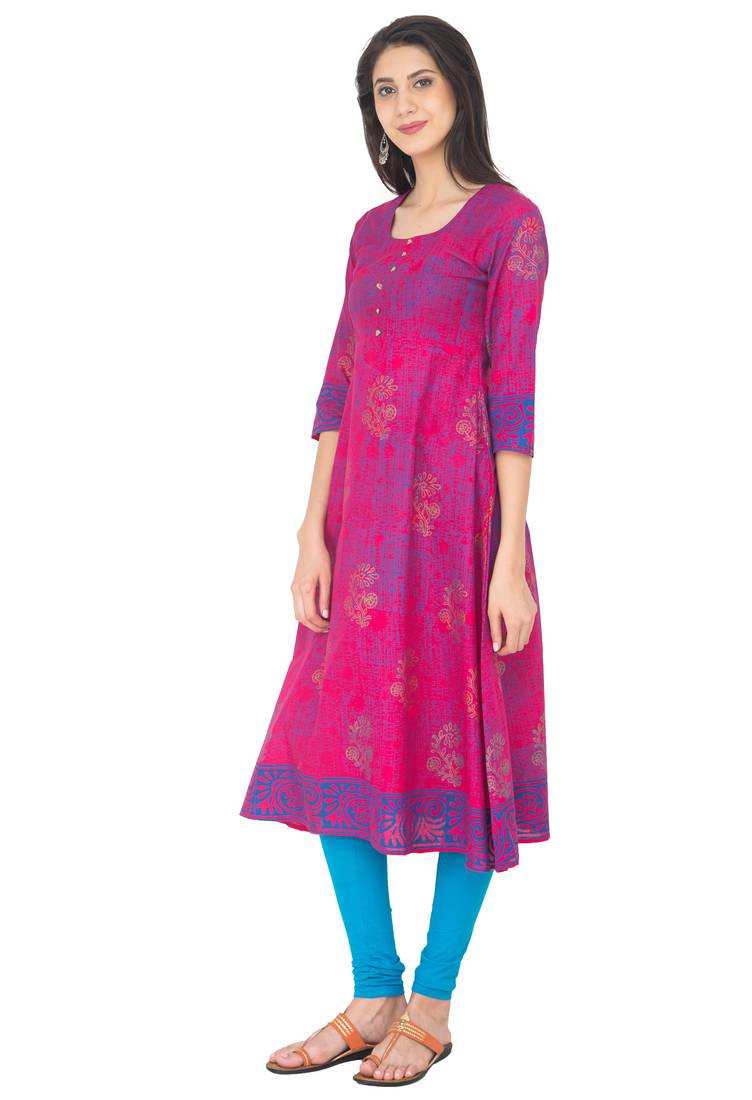 Pink Cotton Screen Prints Long Anarkali kurti