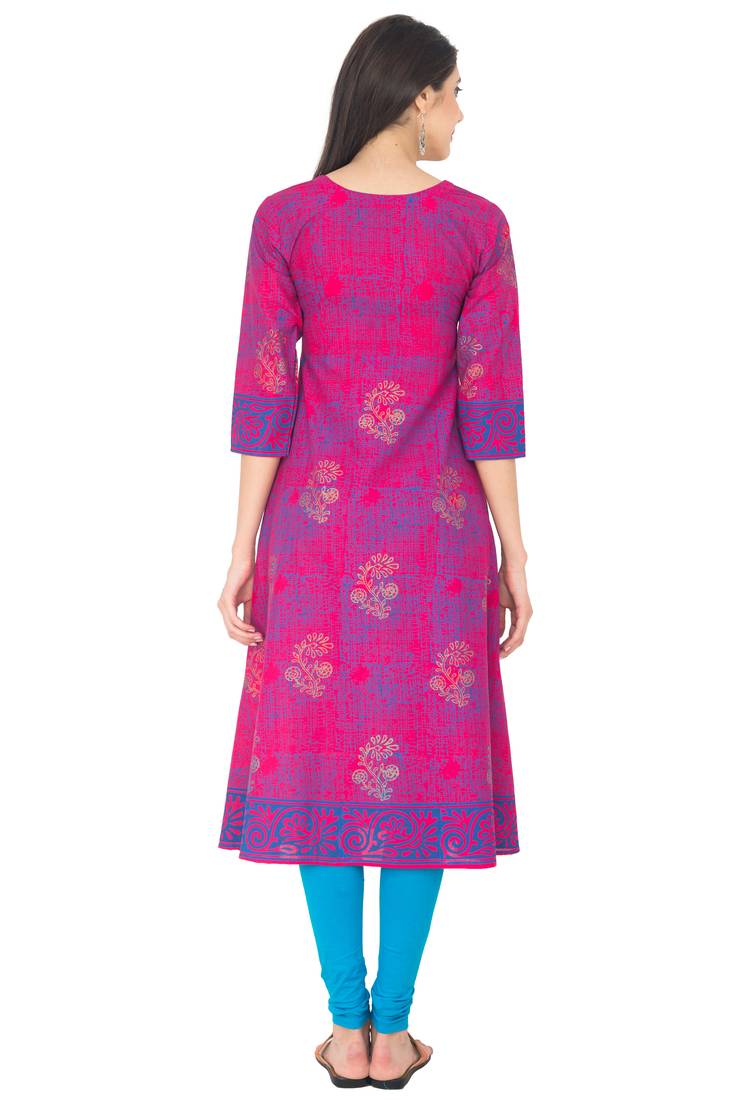 Pink Cotton Screen Prints Long Anarkali kurti