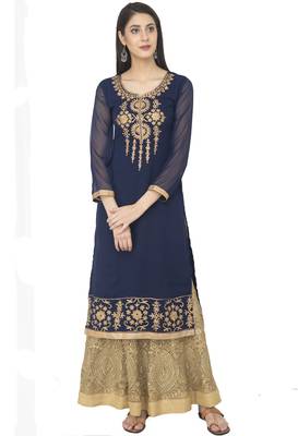 Navy Blue Georgette Dori Embroidery Long Straight kurti 1
