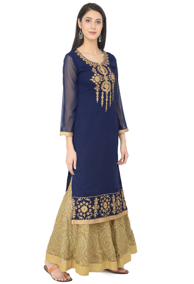 Navy Blue Georgette Dori Embroidery Long Straight kurti