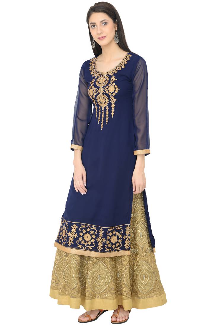 Navy Blue Georgette Dori Embroidery Long Straight kurti