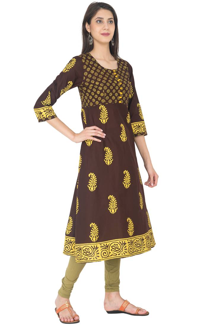 Brown Cotton Block Prints Long Anarkali kurti