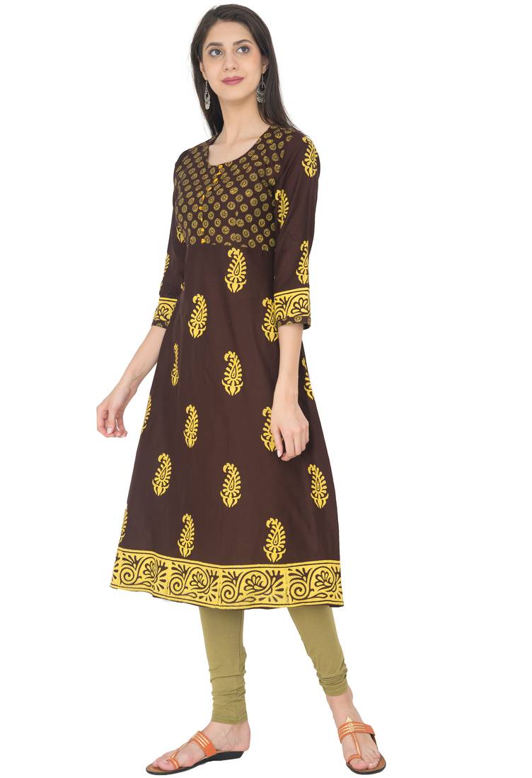 Brown Cotton Block Prints Long Anarkali kurti