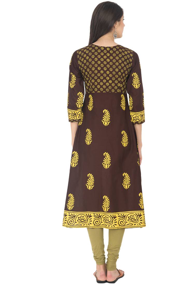 Brown Cotton Block Prints Long Anarkali kurti