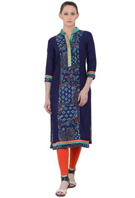 Navy Blue Rayon Digital Prints  Long Straight  Kurti 1