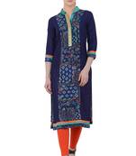 Navy Blue Rayon Digital Prints  Long Straight  Kurti