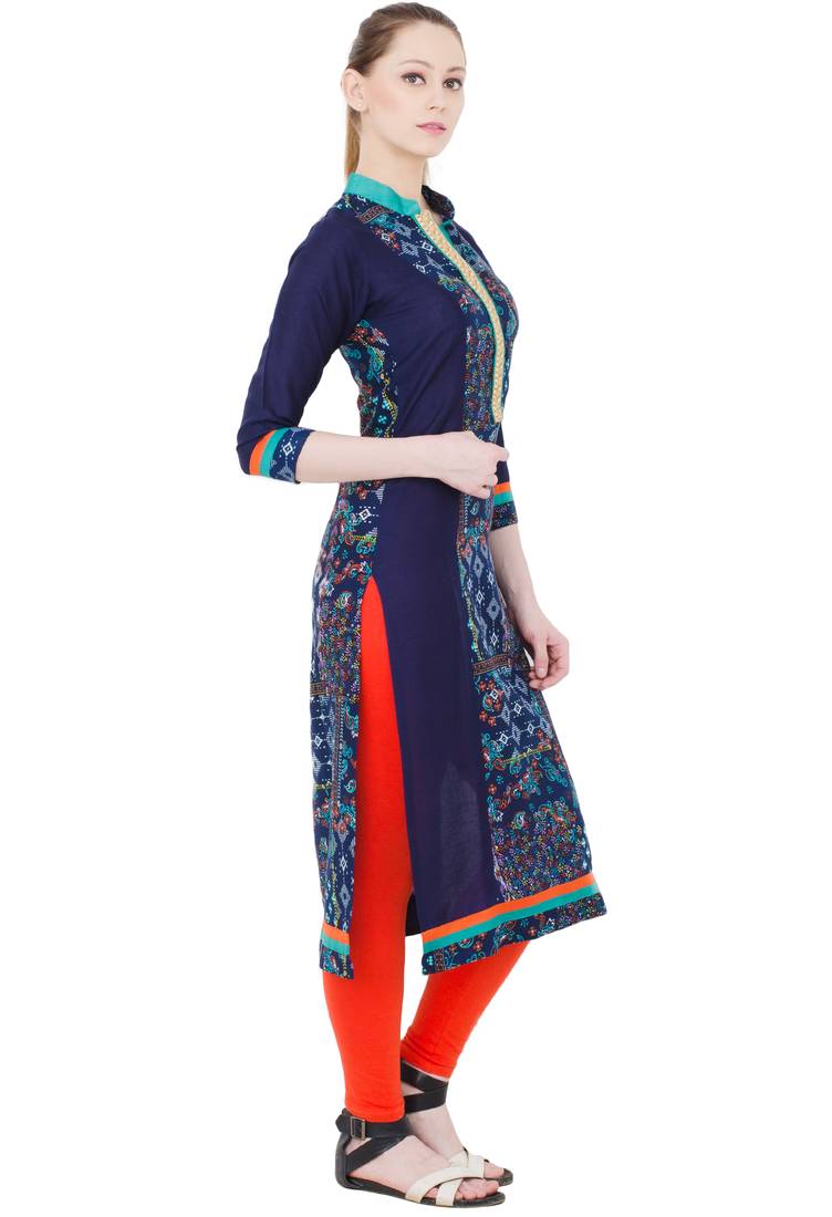 Navy Blue Rayon Digital Prints  Long Straight  Kurti