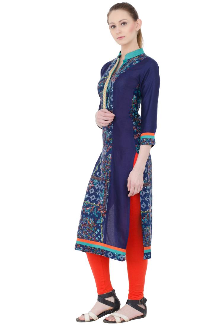 Navy Blue Rayon Digital Prints  Long Straight  Kurti
