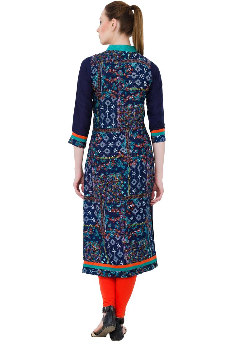 Navy Blue Rayon Digital Prints  Long Straight  Kurti