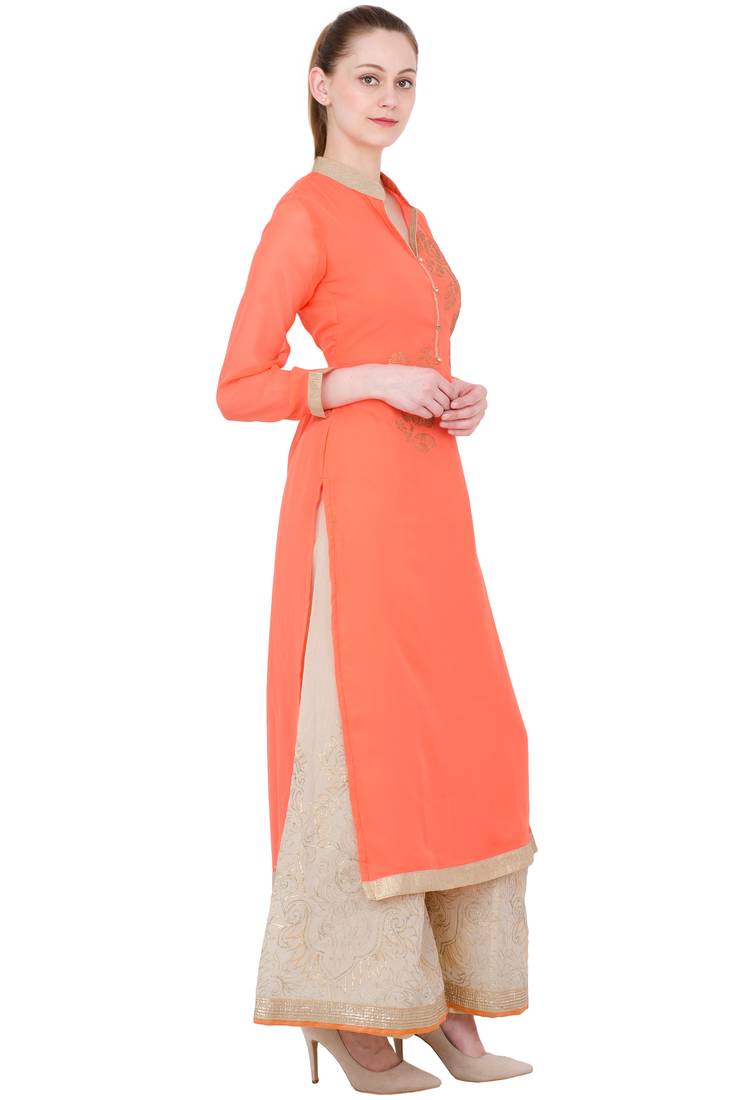 Orange Georgette With Chandala Work Long Straight Kurti