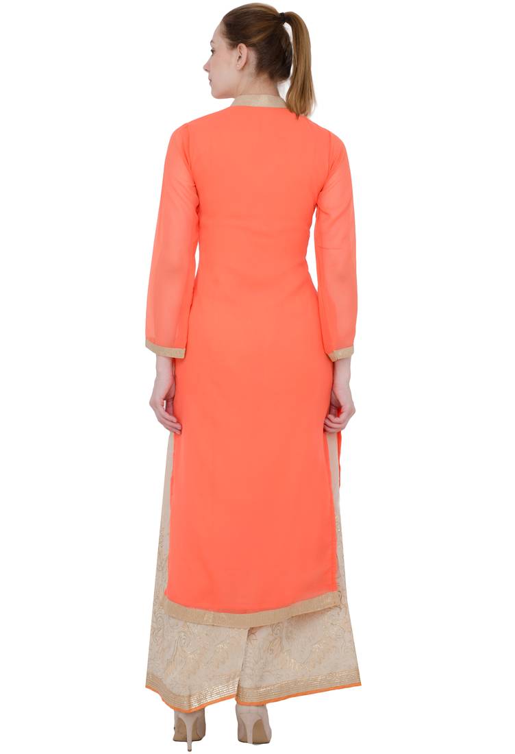 Orange Georgette With Chandala Work Long Straight Kurti