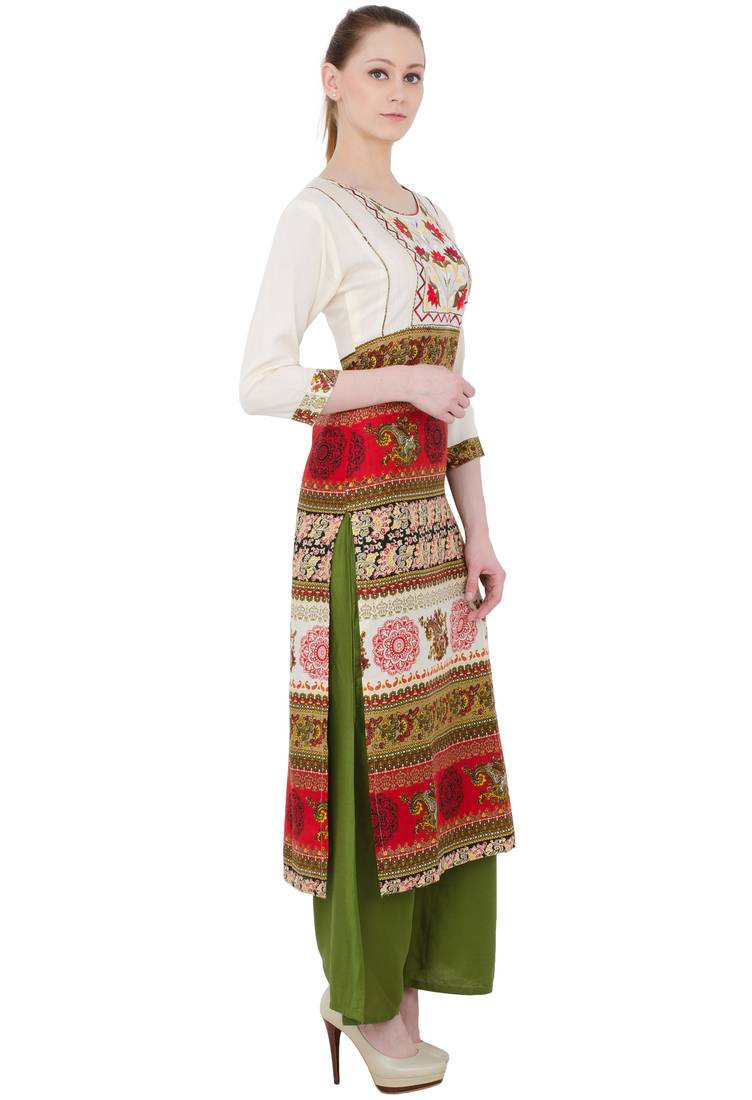 Multicolor Rayon Aari Embroidery  Long Straight Kurti