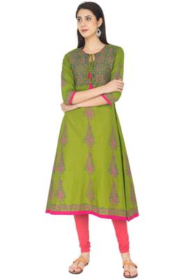 Mehendi Green Cotton Block Prints Long Anarkali kurti 1