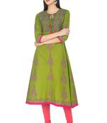 Mehendi Green Cotton Block Prints Long Anarkali kurti