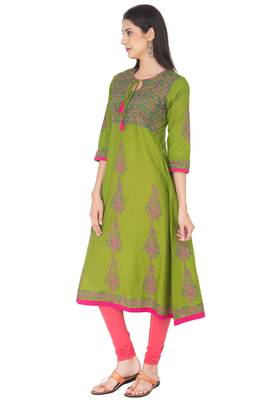 Mehendi Green Cotton Block Prints Long Anarkali kurti 2