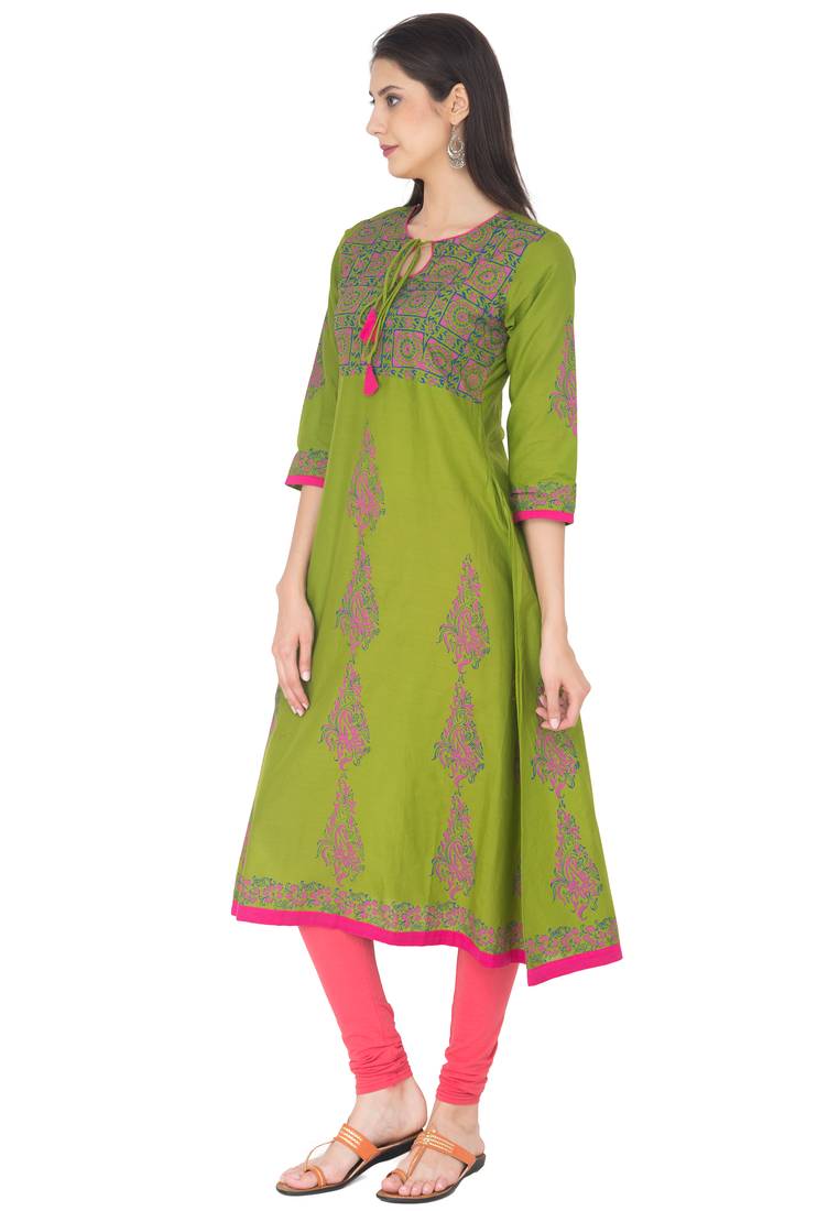 Mehendi Green Cotton Block Prints Long Anarkali kurti