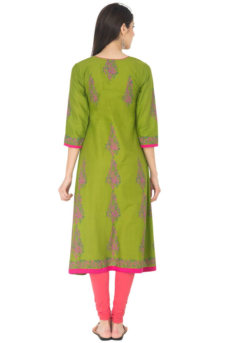 Mehendi Green Cotton Block Prints Long Anarkali kurti