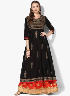 Black Cotton Block Prints Long Anarkali kurti 1