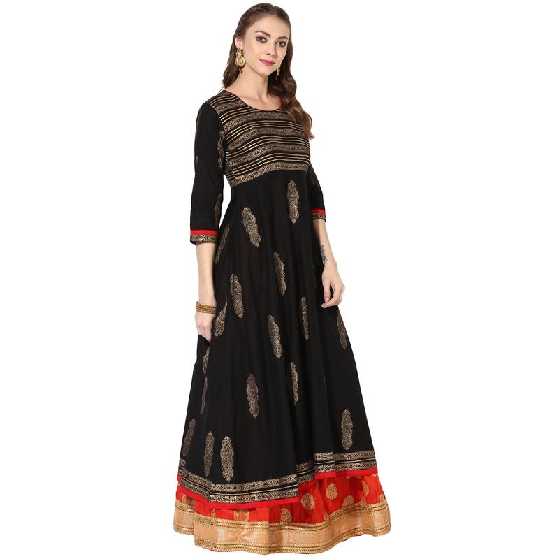 Black Cotton Block Prints Long Anarkali kurti