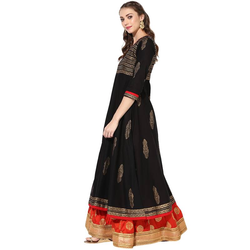 Black Cotton Block Prints Long Anarkali kurti