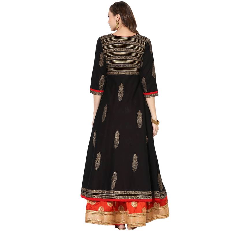 Black Cotton Block Prints Long Anarkali kurti