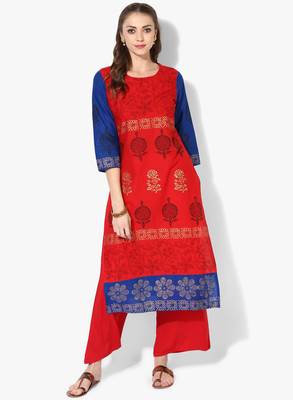 Red Cotton Block Prints Long Straight kurti 1