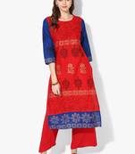 Red Cotton Block Prints Long Straight kurti