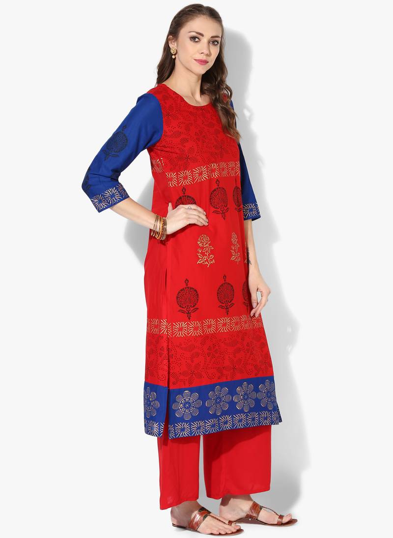 Red Cotton Block Prints Long Straight kurti