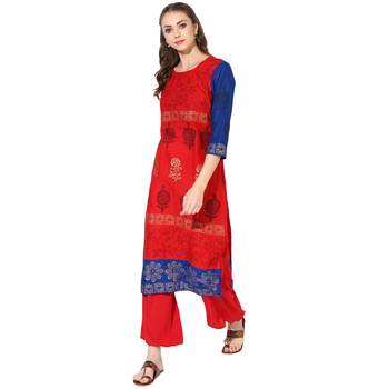 Red Cotton Block Prints Long Straight kurti 3
